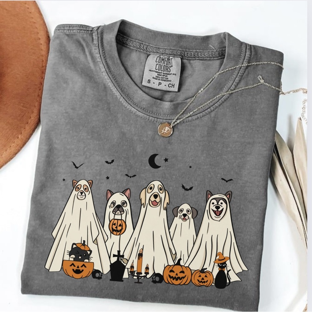 NEW Comfort Colors Halloween Dog Graphic Tee, Ghost Dog S-3X
